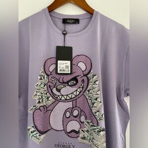 Avenue George V Paris Men's purple T-Shirt Teddy Bear Fitted Rhinestone 2XL NWT